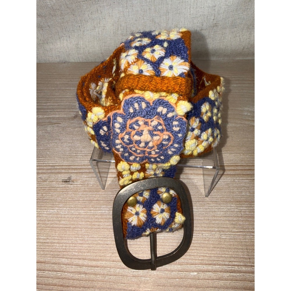 Jenny Krauss Medium M 100% Wool Belt Brown  Multi Floral Embroidered Peru